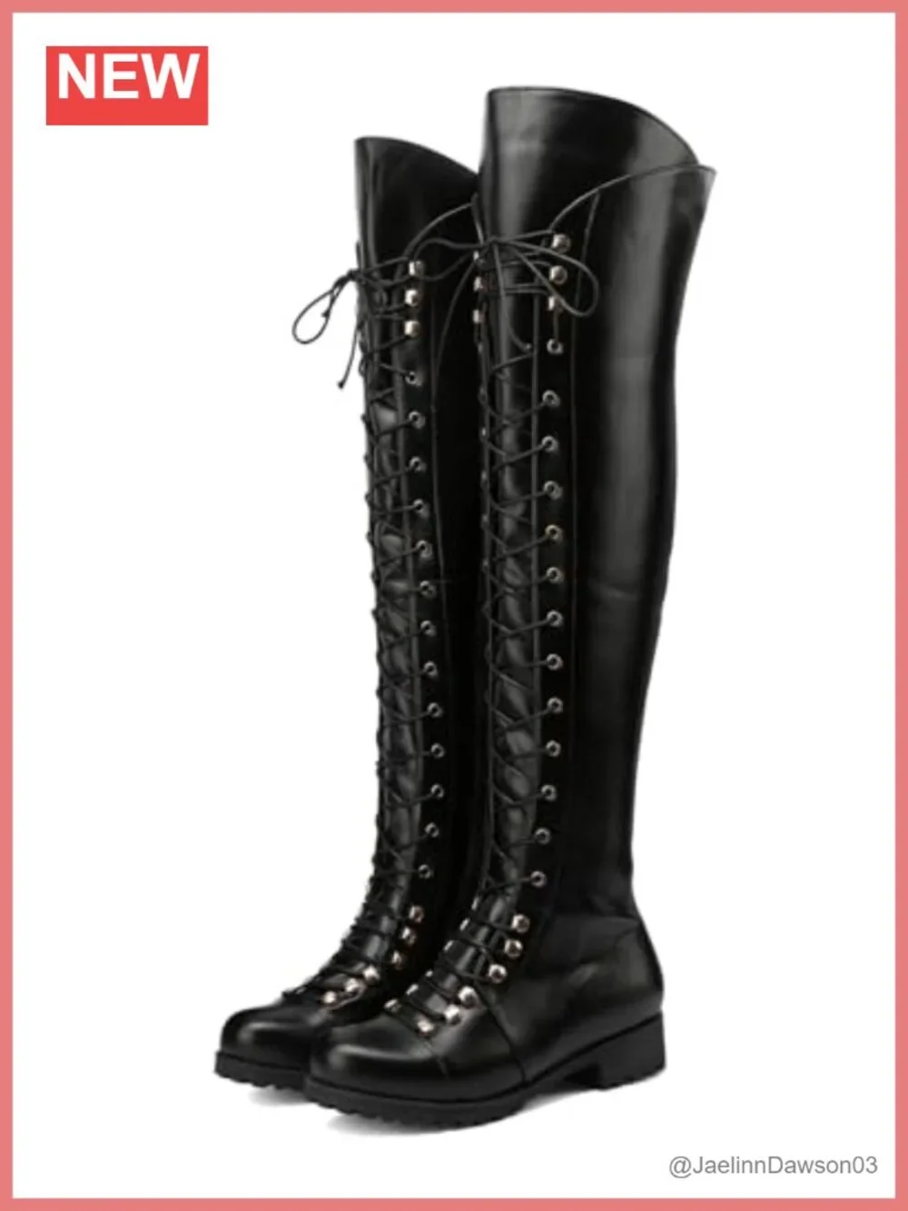 Women's Over the Knee Square Toe Faux Leather Boots Low Heel Side Zipper Lace Up